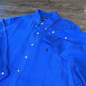 VTG POLO RALPH LAUREN Blake Shirt Mens XL Blue Silk Linen Long Sleeve Button Up